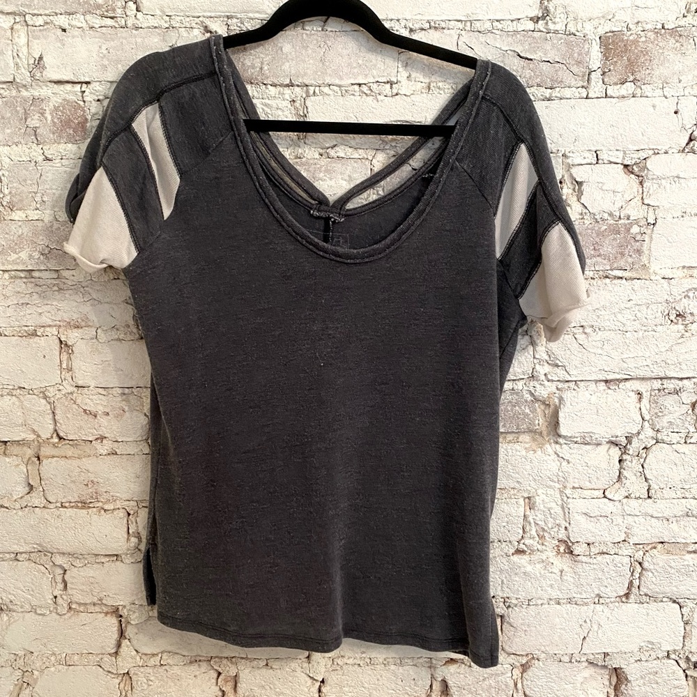 Free People Navy & White Short Sleeve Top